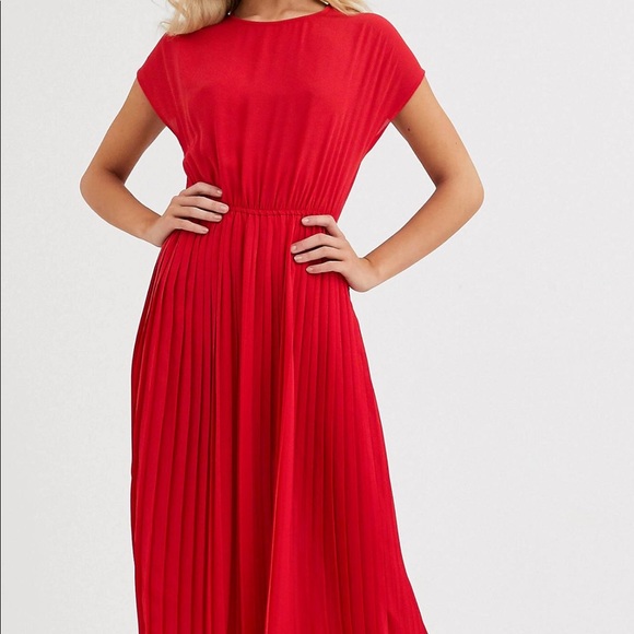 red pleated midi dress